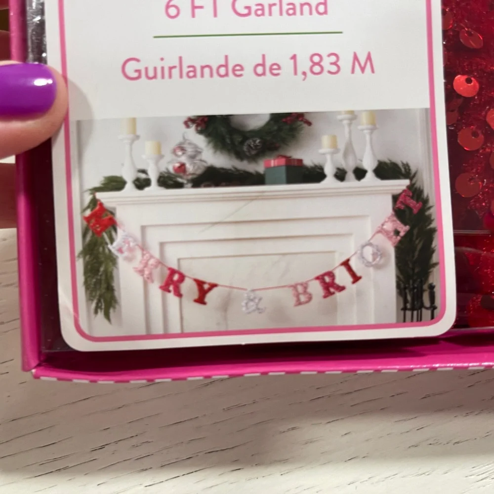 Pink Christmas Merry & Bright Sequin 6ft Garland NWT